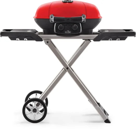 Napoleon TravelQ 285X Portable Propane Gas Grill - Blue/Red: A rugged scissor cart with all-terrain wheels supports this dual stainless steel burner grill, perfect for tailgating, camping, and backyard cooking.