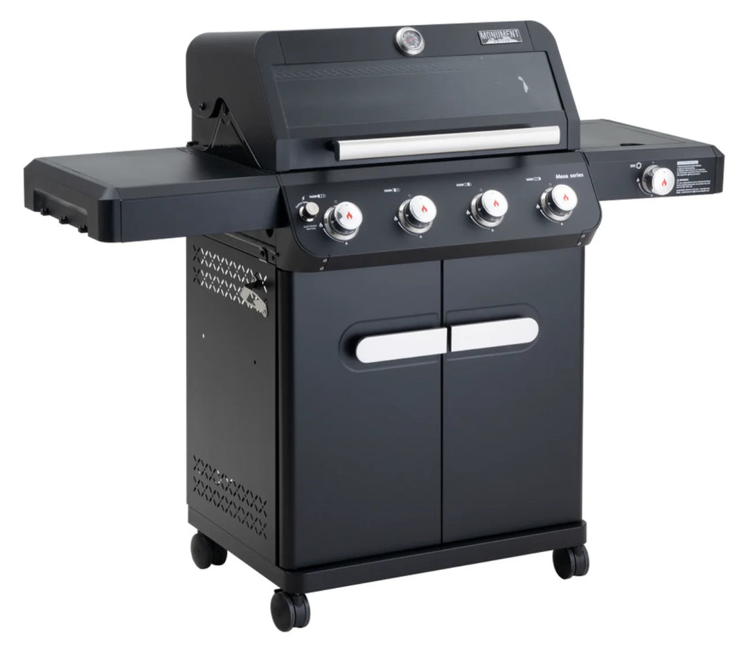Monument Grills Mesa Series M425 Gas Grill featuring four stainless steel burners, ClearView lid, side burner, and porcelain-coated cast iron grates for even heat distribution and effortless cooking.