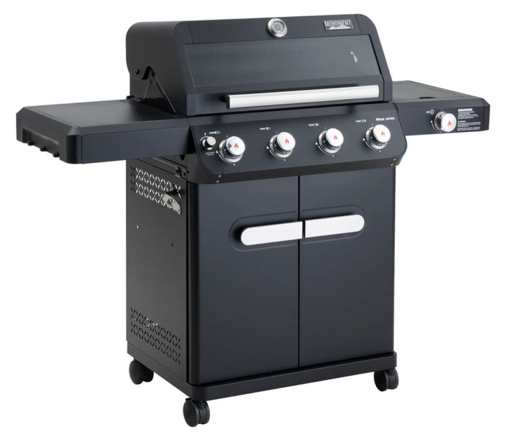 Monument Grills Mesa Series M425 Gas Grill featuring four stainless steel burners, ClearView lid, side burner, and porcelain-coated cast iron grates for even heat distribution and effortless cooking.