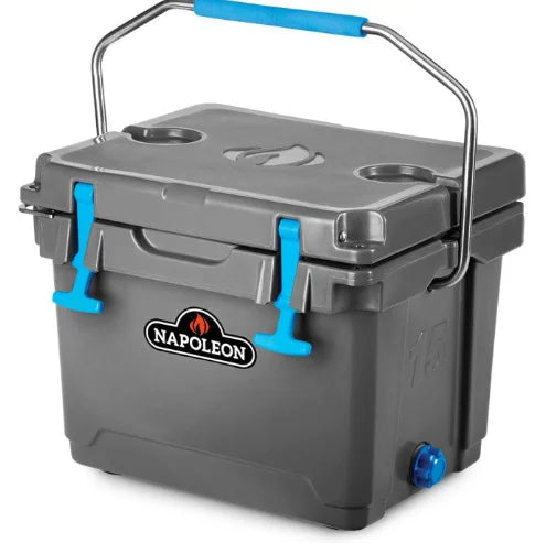Napoleon 4 Gallon Cooler Box with Bottle Opener: Compact, roto-molded cooler box with built-in bottle opener, stay-dry design, and quick-drain release valve for outdoor use.