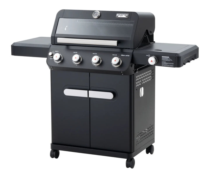Monument Grills Mesa Series M425 Gas Grill - A durable 4-burner black powder-coated propane grill delivering up to 52,000 BTUs of total heat output for even cooking and effortless style.