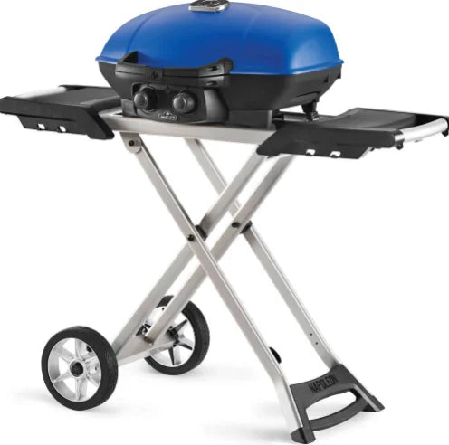 Napoleon TravelQ™ 285X Portable Propane Gas Grill - Blue/Red: compact two-burner grill with scissor cart, stainless steel burners, and WAVE porcelain-coated cooking grids for even heat distribution.