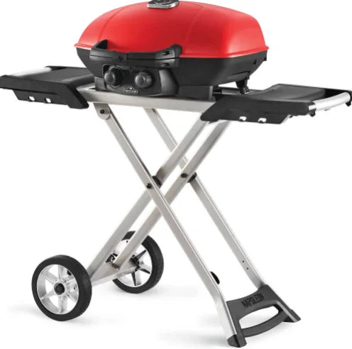 Napoleon TravelQ 285X Portable Propane Gas Grill - Blue/Red: Dual stainless steel burners, rugged scissor cart, and windproof design provide professional-grade grilling performance for tailgating, camping, or backyard cooking.
