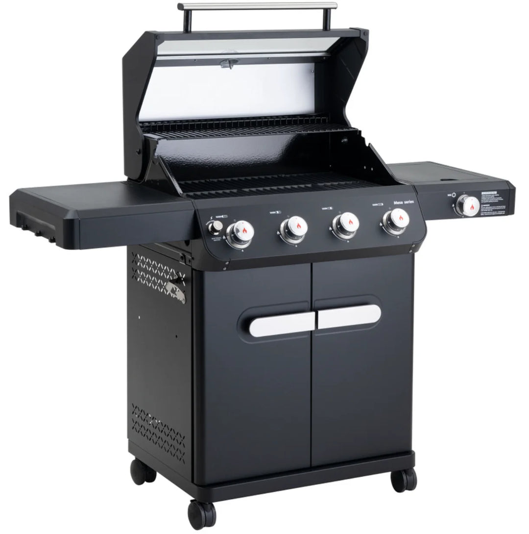 Monument Grills Mesa Series M425 gas grill, black powder-coated propane grill with ClearView lid, 4 stainless steel burners, side burner, and porcelain-coated cast iron grates for even heat distribution.