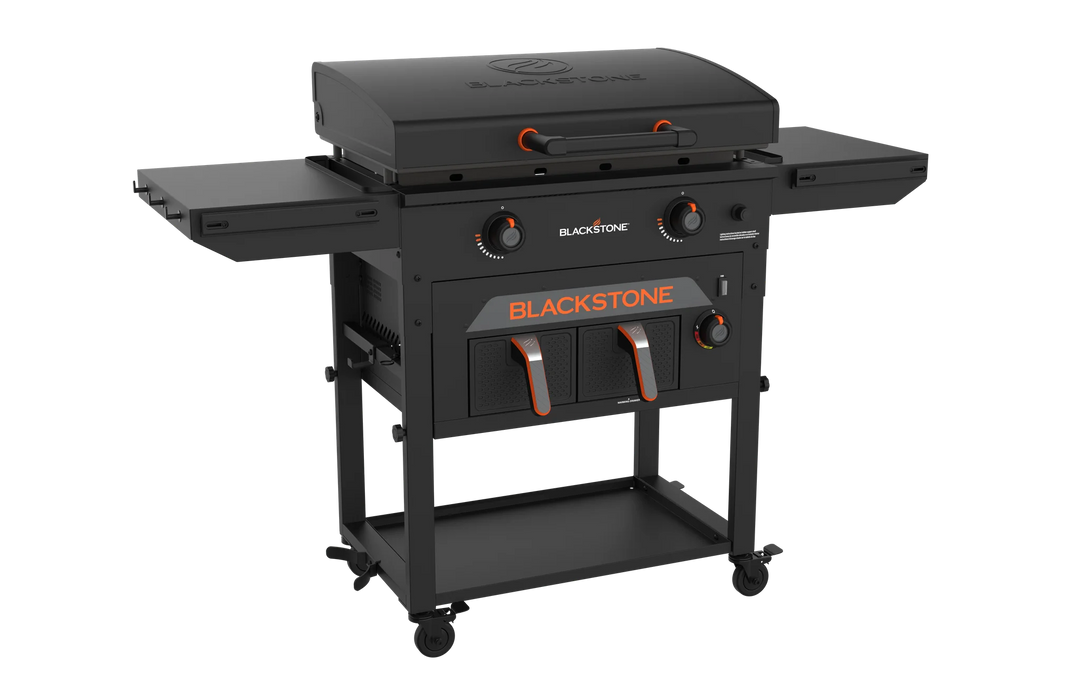 Blackstone Original 28" Griddle Cart Air Fryer Combo features a 28” Omnivore Griddle Plate for fast preheats and even heat distribution, accompanied by a 4 qt. air fryer and warming drawer for versatile outdoor cooking capabilities.