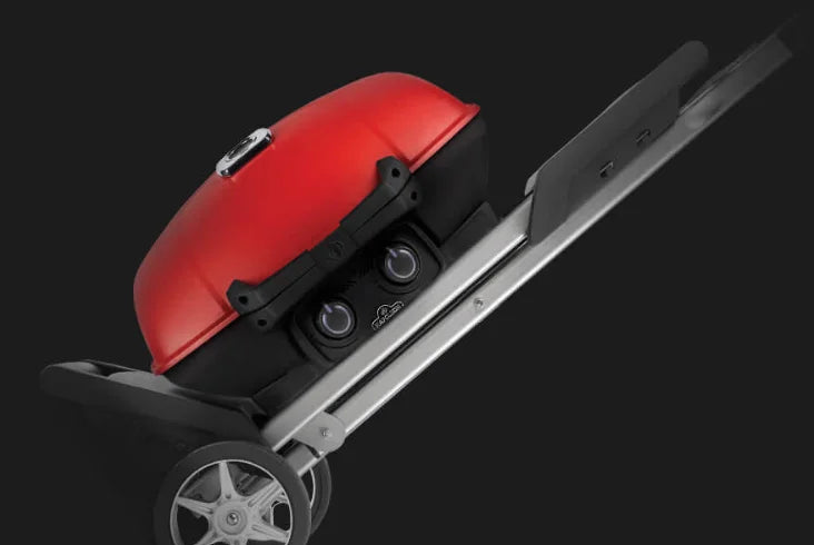 Napoleon TravelQ 285X Portable Propane Gas Grill - Blue/Red: A rugged scissor cart grill with dual stainless steel burners, high-top cast aluminum lid, and WAVE porcelain-coated cooking grids, perfect for tailgating, camping, or backyard cooking.
