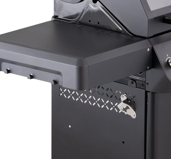 Monument Grills Mesa Series M425 4-Burner Black Powder-Coated Propane Gas Grill with ClearView Lid and Side Burner for even heat distribution and effortless outdoor cooking.