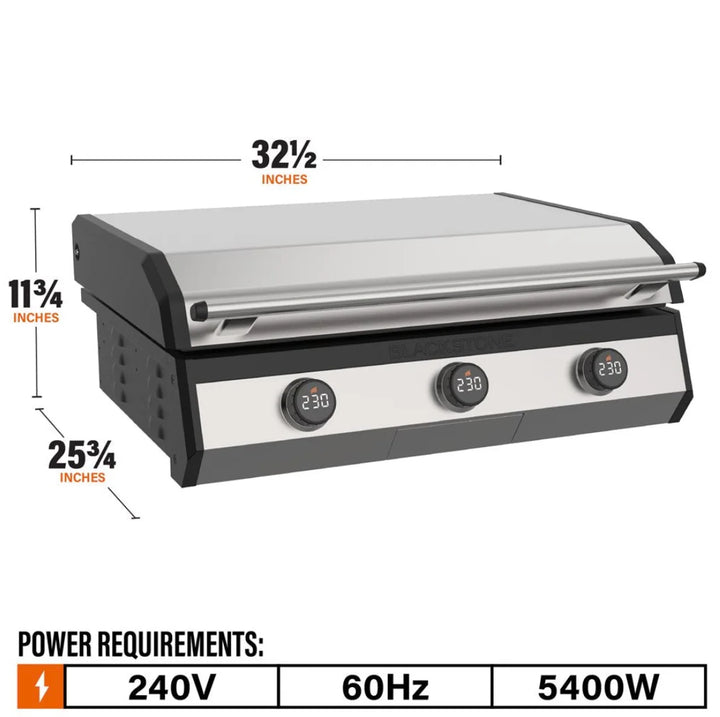Blackstone 30” Electric Drop-In Griddle: Professional-grade cooking surface featuring three independently controlled heat zones, digital temperature readouts, and wide 120°F-600°F temperature range.