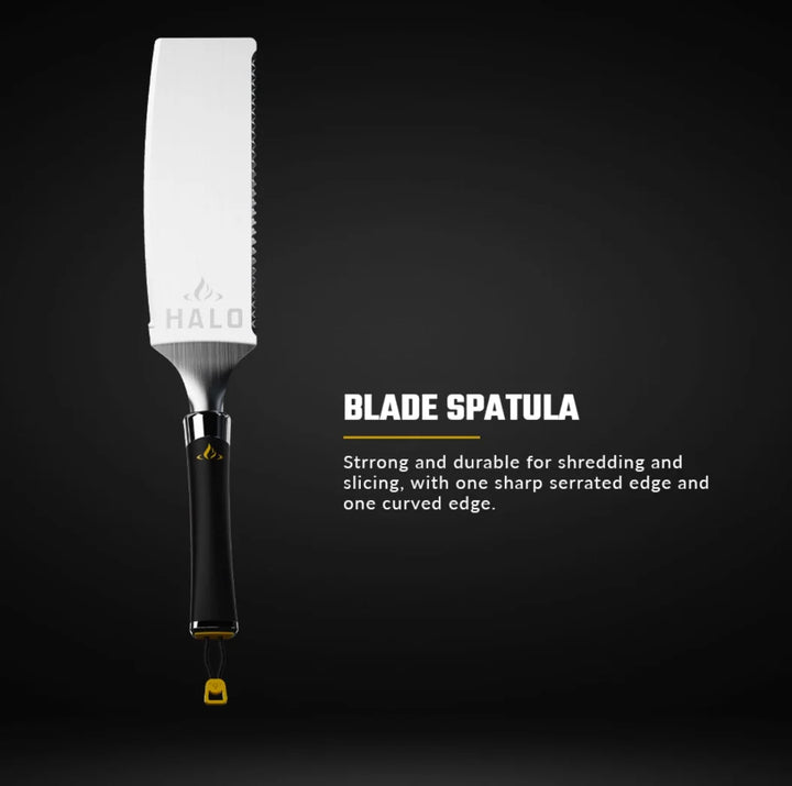 HALO 8-Piece Elite Essentials Griddle Tool Kit: Heavy-duty stainless steel tools for precise griddling, including spatulas, scoop spatulas, squeegee scraper, squeeze bottles, and tongs with magnetic handles, designed for HALO Elite Series Griddles.