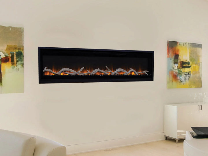 Superior ERL3000 Electric Fireplace with smoked crystal ember bed, driftwood log accents, dual-colored flames, multi-colored LED lighting, and adjustable ceiling illumination.