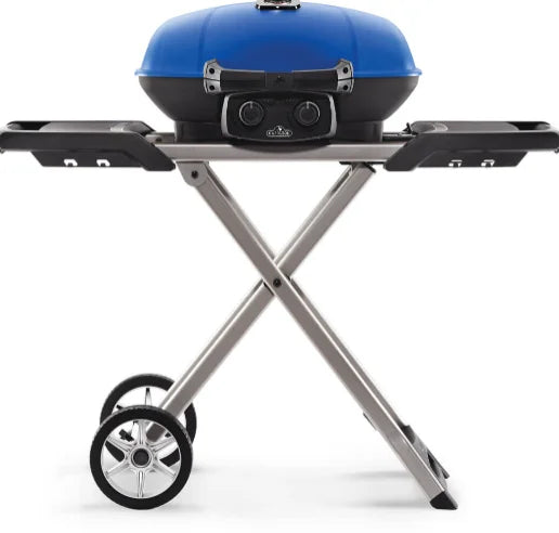 Napoleon TravelQ 285X Portable Propane Gas Grill - Blue/Red: A portable, two-burner gas grill with rugged scissor cart, all-terrain wheels, and windproof design for tailgating, camping, or backyard cooking, featuring dual stainless steel burners, high-top cast aluminum lid, and WAVE porcelain-coated cast iron cooking grids.
