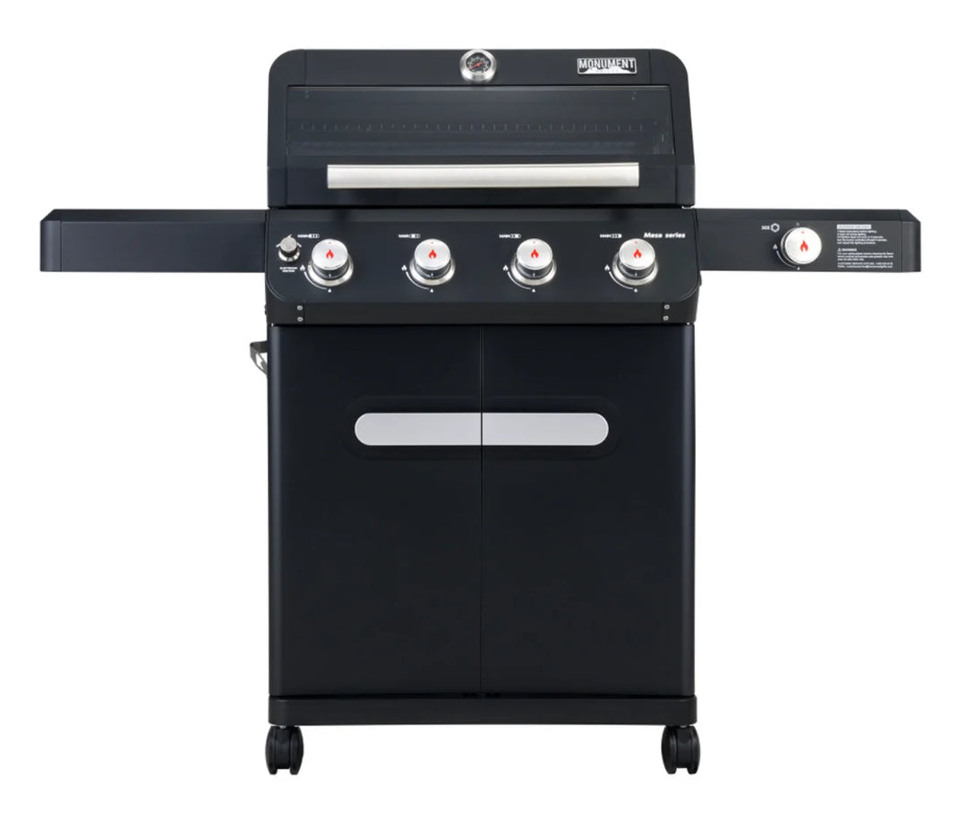 Monument Grills Mesa Series M425 Gas Grill - Black Powder-Coated Propane Grill with ClearView Lid, 4 Stainless Steel Burners, Side Burner, and Porcelain-Coated Cast Iron Grates for Even Heat Distribution and Perfect Seared Results.