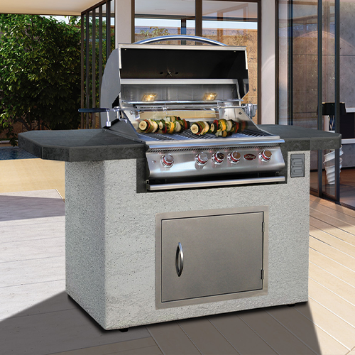Cal Flame Kona BBQ Island with compact design, three high-powered burners, porcelain tile countertop, and customizable storage spaces, ideal for small to mid-sized patios.