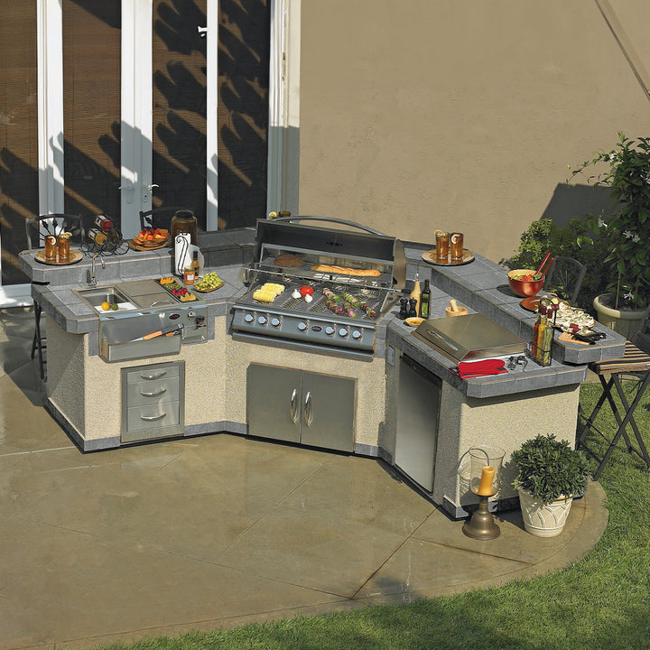 Cal Flame Platinum Series Laguna BBQ Island featuring spacious seating for 8, massive cooking area, and customizable premium features including grillhead, deep fryer, side burners, sink, food warmer, LED lighting, sound system, and more.
