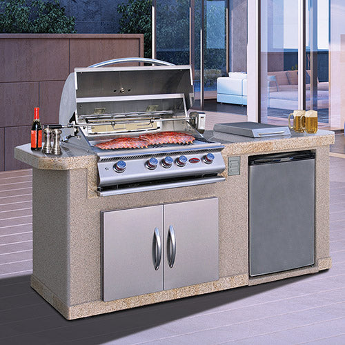 Cal Flame Pacifica BBQ Island features compact design, 4-burner G4 LP grill, and porcelain tile countertop for professional-grade outdoor cooking experience.