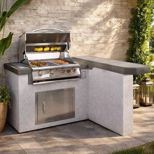 Cal Flame Maui BBQ Island in right configuration featuring L-shaped design with dedicated bar seating overhang, standard 3 Burner G3 LP Grill and porcelain tile countertop.