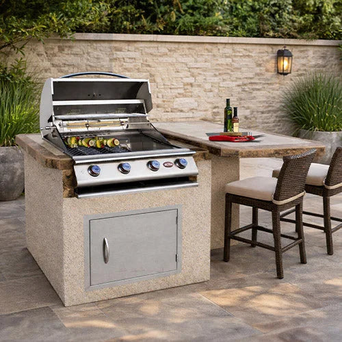 Compact Cal Flame 'Kauai' BBQ Island featuring a standard 3 Burner G3 Liquid Propane Grill, porcelain tile countertop, and 18" Vertical Access Door.