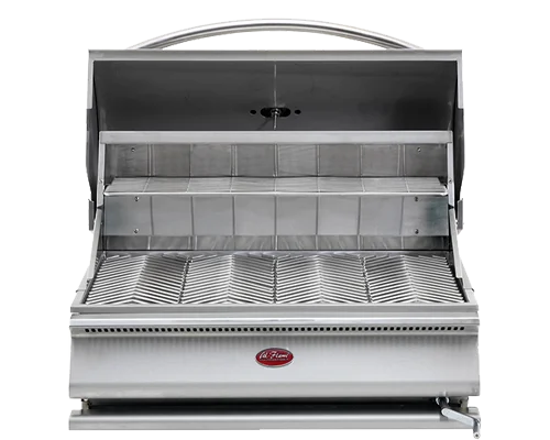 Cal Flame G-Series 32-Inch Built-In Charcoal Grill: Durable 430-stainless steel construction, 800 sq. in. cooking surface, V-patterned grates and adjustable charcoal tray for precise heat control.