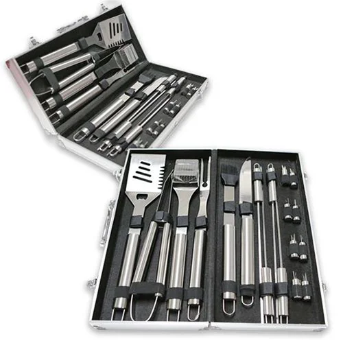 Cal Flame 8-Piece BBQ Tool Set with Storage Case, featuring durable stainless steel grilling utensils for flipping, turning, basting, and cleaning.