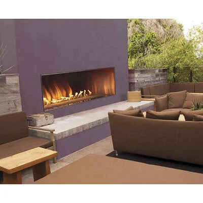 Carol Rose Linear Coastal Collection Outdoor Fireplace (48"): premium stainless steel construction, linear burner, integrated LED lighting, three-stage flame control, and manual electronic ignition.