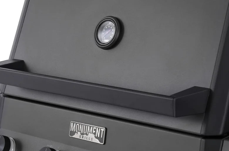 Monument Grills "E425" Gas Grill - Eminence Series features sleek pearl matte black finish, 640 sq. in. cooking space, die-cast aluminum and reinforced cast iron construction, and four 12,000 BTU main burners for professional-grade performance and timeless design.