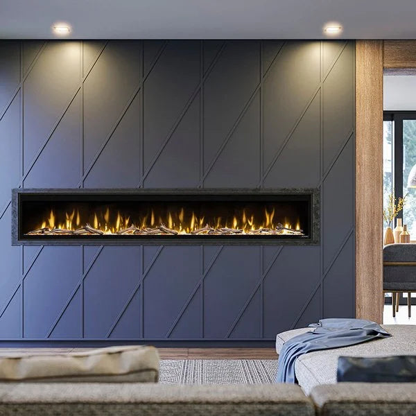 Dimplex 100" Ignite Evolve Built-in Linear Electric Fireplace features patented Multi-Fire XD flame technology, frameless design, and customizable lighting, delivering a panoramic flame experience with vibrant media bed and heat output up to 5,118 BTU.