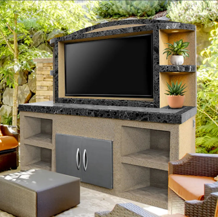 Cal Flame 'Crystal' Outdoor Entertainment Center: A luxurious outdoor solution featuring under counter illumination, power access, generous storage space, functional shelving, and durable finish.