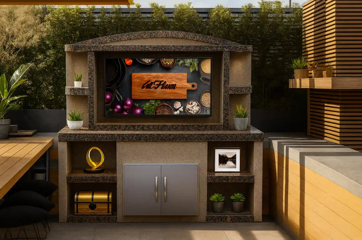 Cal Flame "Crystal" Outdoor Entertainment Center featuring under counter illumination, convenient power access, generous storage space, functional shelving, and durable Ameristone Stucco finish with 12" x 24" tile accents.