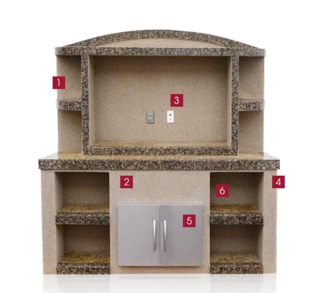 Cal Flame 'Crystal' Outdoor Entertainment Center with Under Counter Illumination, generous storage space, built-in shelving, durable Ameristone Stucco finish, and pre-wired HDMI electrical for effortless setup.