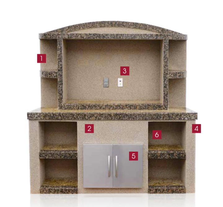 Cal Flame 'Crystal' Outdoor Entertainment Center with Under Counter Illumination, generous storage space, built-in shelving, durable Ameristone Stucco finish, and pre-wired HDMI electrical for effortless setup.