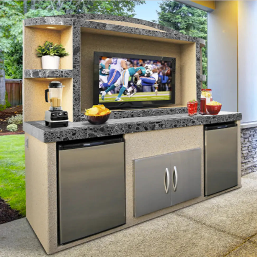 Cal Flame 'Paradise' Outdoor Entertainment Center features a large TV opening, dual refrigerators for cold storage, under counter lights, and spacious shelving for outdoor essentials in Ameristone Stucco with 12x24 tile accents.