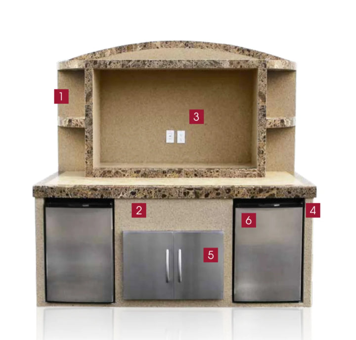 Cal Flame ODC-1 Paradise Outdoor Entertainment Center featuring Ameristone Stucco construction with tile accents, large TV opening, dual stainless steel refrigerators, under counter lights, and spacious storage compartments.