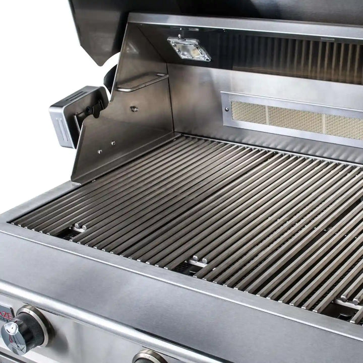 Blaze Professional LUX 44" Built-In Gas Grill features four cast stainless steel H-burners delivering 72,000 BTUs of heat, along with an infrared rear burner for rotisserie cooking and 1,050 square inches of grilling area.