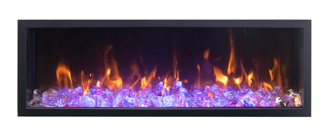 Remii Extra Tall Electric Fireplace featuring vibrant, multi-colored flame presentation with adjustable colors, ambient canopy lighting in 13 hues, and a sleek black steel surround for indoor or outdoor use.