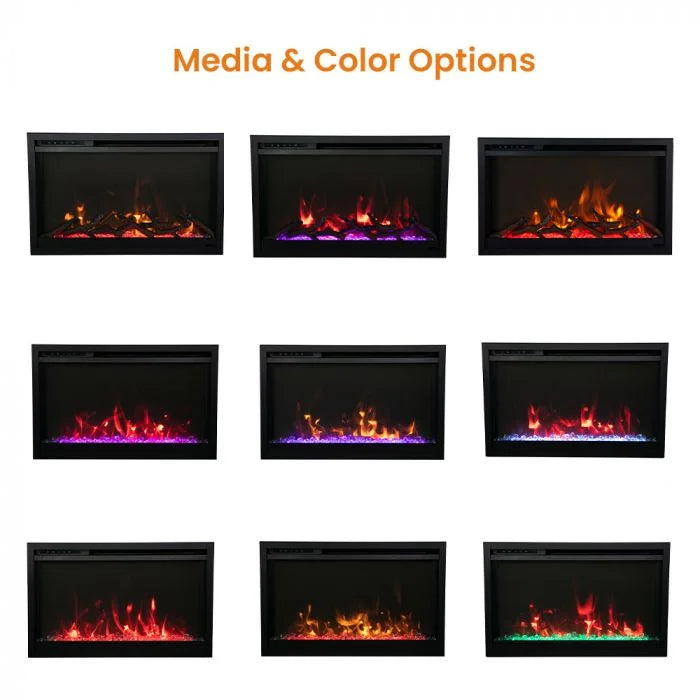 Remii Classic Slim Electric Fireplace - modern sleek design, mounted or recessed into 2 x 4 inch wall, 5000 BTU's, realistic flames in yellow orange red, 11 multi-color uplighting options and flame settings, remote app control with WiFi capabilities.