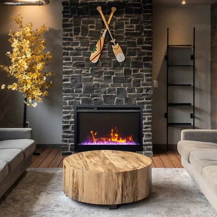 Remii Classic Slim Electric Fireplace features realistic flames in 11 multi-color uplighting styles, WiFi controls, and auto mode for customizable heat settings, perfect for commercial or residential spaces.