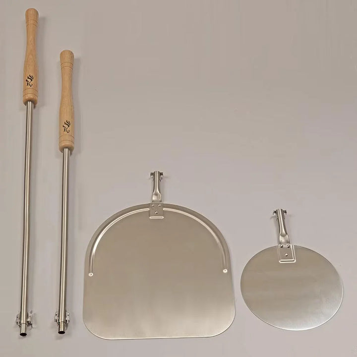Forno Venetzia 'Pro' 5-Piece Oven Kit featuring two detachable pizza peels, wire cleaning brush, ash shovel, fire poker, and 47-inch handles for safe and professional-style performance.