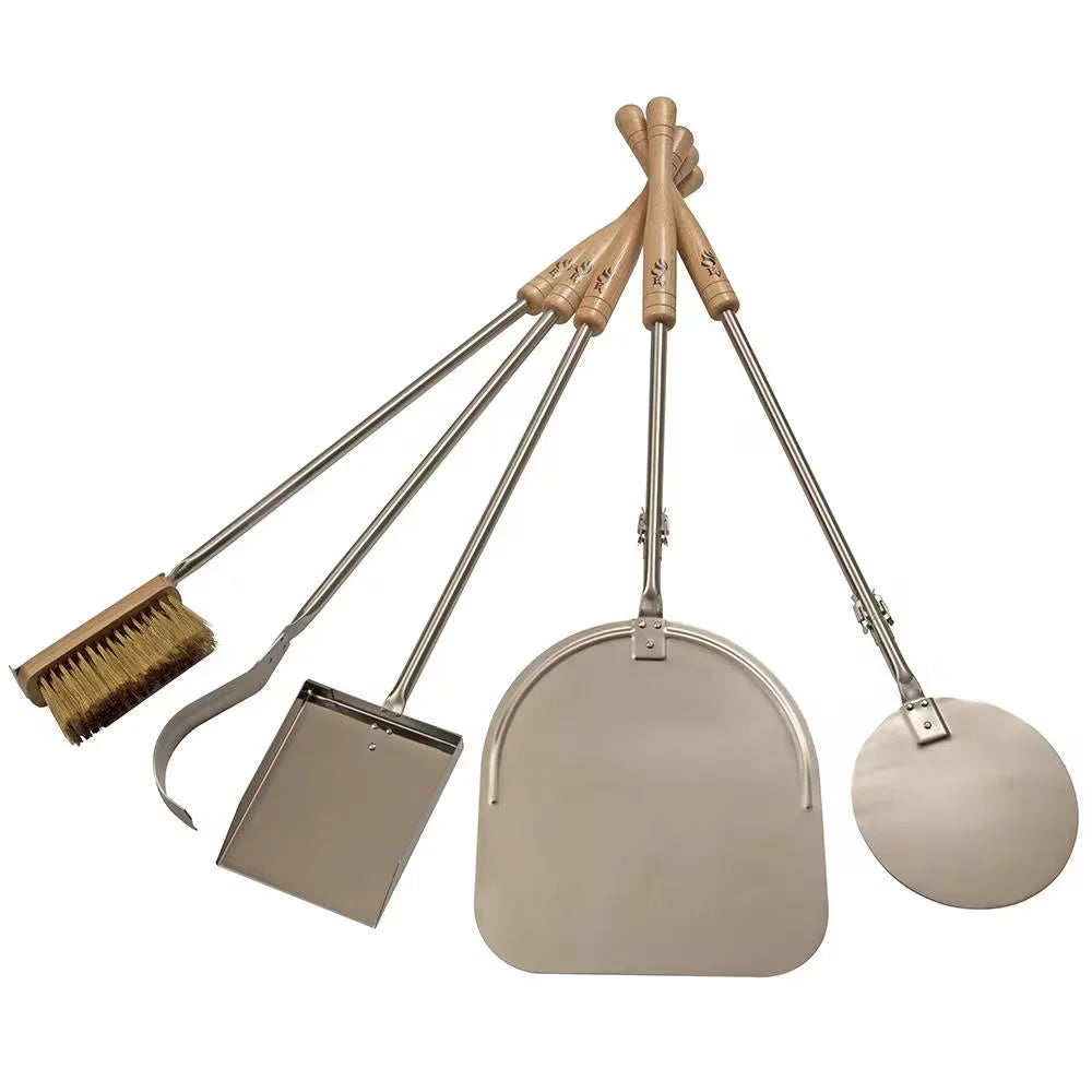 Forno Venetzia 5-Piece Oven Kit: A comprehensive collection of stainless steel tools featuring large pizza peels, ash shovel, fire poker, wire brush, and extra-long handles for safe oven access.