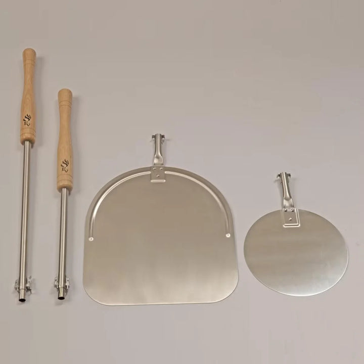Forno Venetzia 5-Piece Oven Kit includes stainless steel pizza peels, ash shovel, fire poker, and wire brush for safe cooking, cleaning, and fire management.