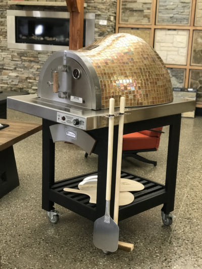HPC Fire Forno Series Pizza Oven - Handcrafted, portable hybrid oven featuring glass mosaic tiled oven, stainless steel hearth, and wheeled powder-coated black steel cart for multi-purpose culinary use.