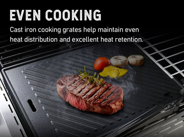 Monument Grills Cast Iron Cooking Plate: Heavy-duty porcelain-coated cast iron plate for superior heat retention and even cooking results, ideal for searing meats, frying vegetables, or preparing breakfast dishes with a non-stick finish.