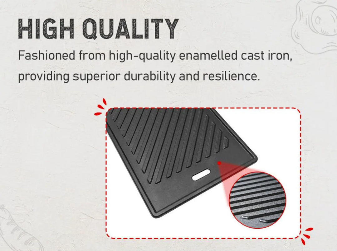 Monument Grills Cast Iron Cooking Plate, porcelain-coated cast iron construction for superior heat retention and even cooking results, compatible with multiple Monument models.