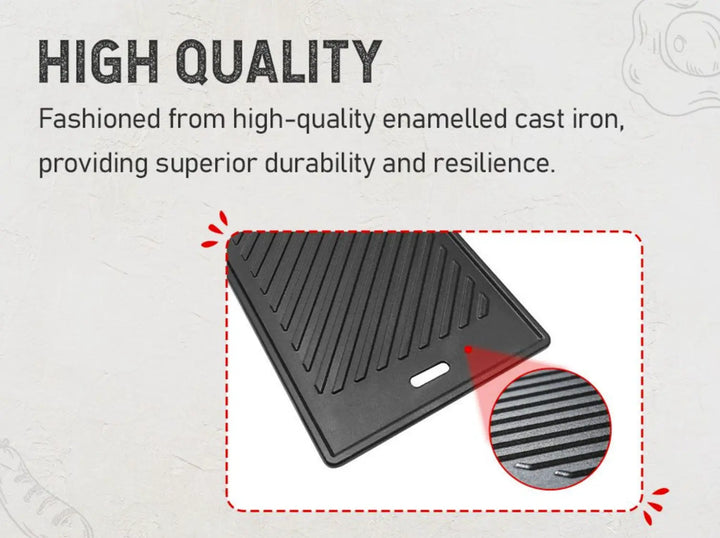 Monument Grills Cast Iron Cooking Plate, porcelain-coated cast iron construction for superior heat retention and even cooking results, compatible with multiple Monument models.