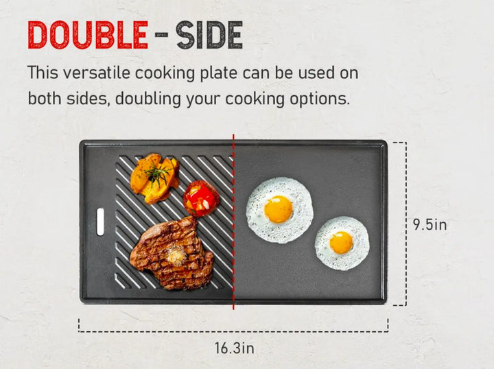 Monument Grills Cast Iron Cooking Plate: Heavy-duty porcelain-coated cast iron plate for superior heat retention and even cooking results, perfect for searing meats and frying vegetables.