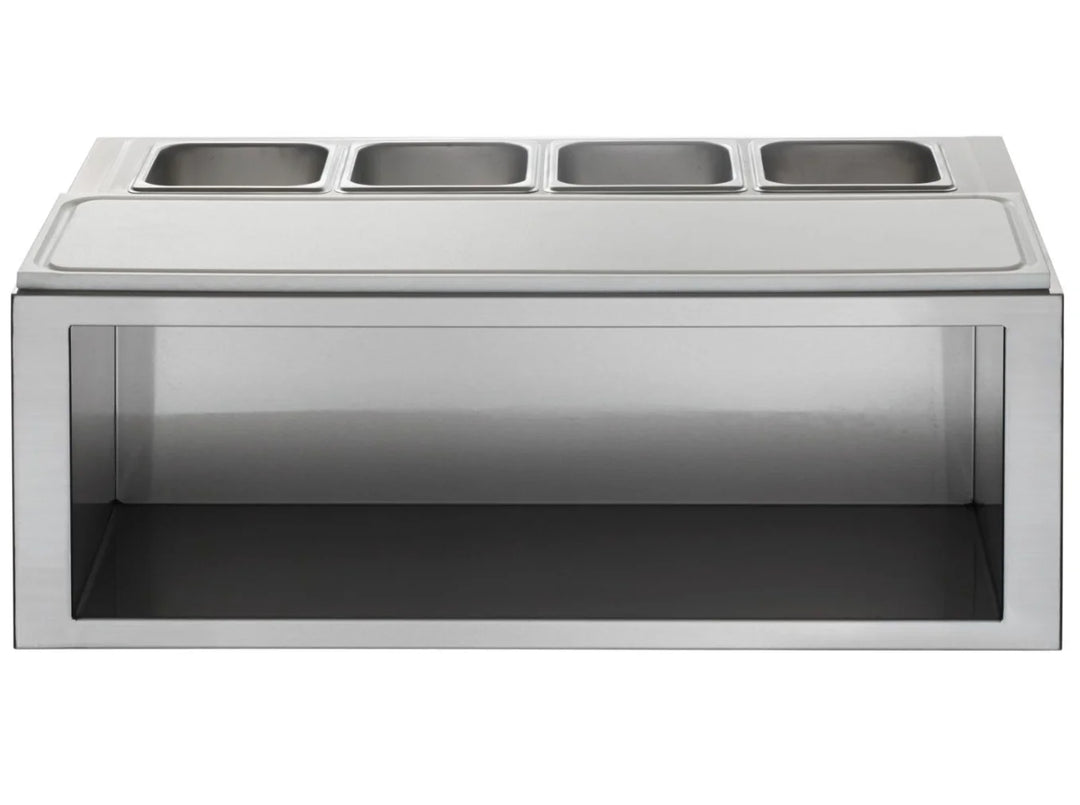 Vintage Grills 30-Inch Stainless Steel Plating and Garnish Center: Professional-grade prep station with four removable stainless steel garnish pans, polyethylene cutting board, and recessed shelf for plate storage.