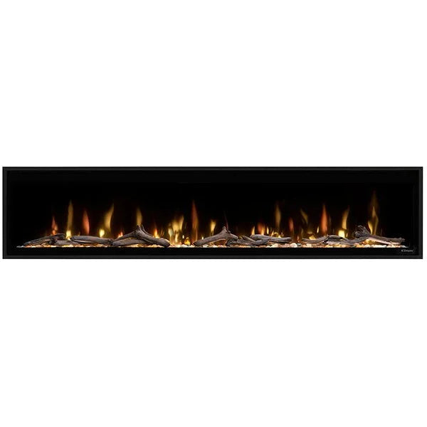 Dimplex Ignite Evolve 74" Electric Fireplace features Multi-Fire XD flames dancing across tumbled glass and driftwood media in a frameless design with dynamic accent lighting and supplemental heat capabilities.