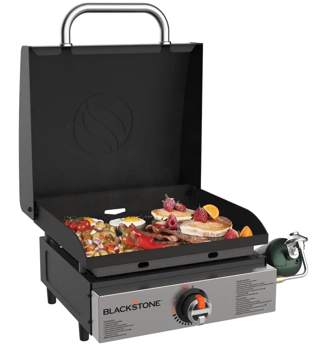 Blackstone Original 17” Blackout Omnivore Tabletop Stainless Steel Griddle with Built-in Hood, featuring advanced Omnivore Plate Technology for fast heat-up and consistent cooking temperatures.