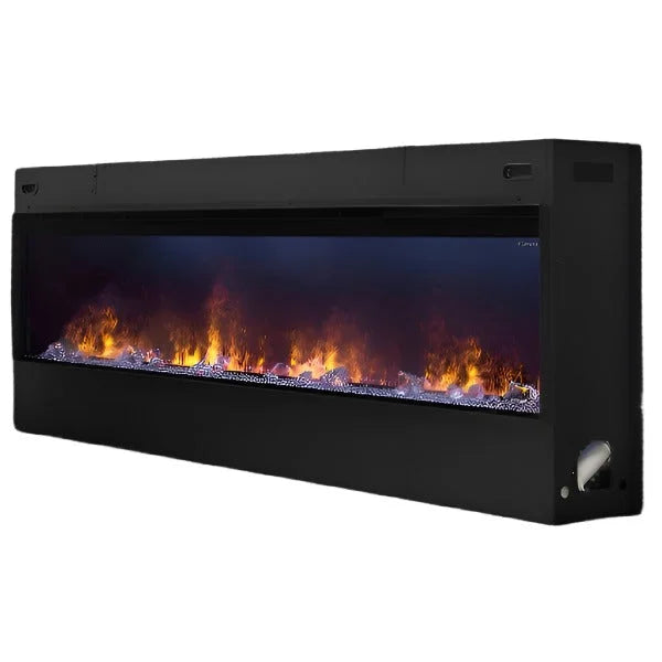 Dimplex 86-Inch Opti-Myst Linear Built-in Electric Fireplace: Slim, wall-mounted fireplace with realistic flame effect, featuring ultrasonic technology, water vapor, and adjustable heat output for up to 1,000 sq. ft., with remote control and app connectivity.