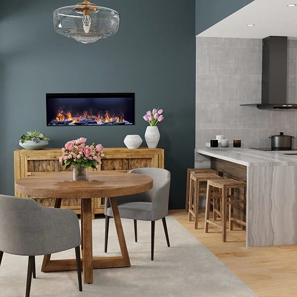 Dimplex 46-Inch Opti-Myst Linear Electric Fireplace features ultra-realistic flames, smoke effects, and crackling sound, creating an immersive ambiance with customizable spacers, adjustable flame intensity, and integrated heating for up to 1,000 sq. ft.