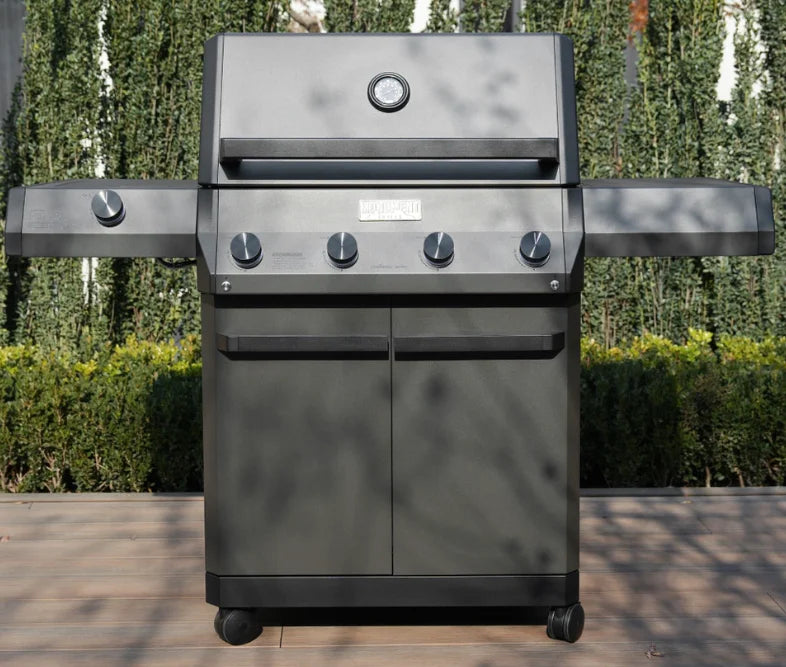 Monument Grills 'E425' Gas Grill - Eminence Series: Premium freestanding BBQ featuring pearl matte black finish, 640 sq. in. cooking space, and high-performance Blaze burners producing 69,000 BTUs of even heat.